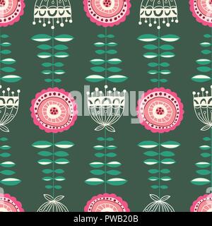 Bright Modern Folk Flowers Vine on Dark Green Background Vector Seamless Pattern. Hand-Drawn Blooms. Traditional Colorful Flora. Doodles. Stock Vector