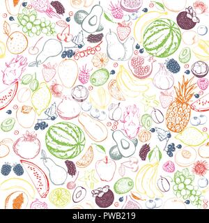 Outline fruits seamless pattern. Exotic fruits and berries seamless background. Healthy food, raw vegan pattern. Stock Vector