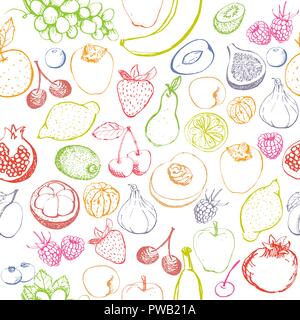 Fruits and berries seamless pattern. Vector fruits pattern. Raw vegan seamless background. Stock Vector
