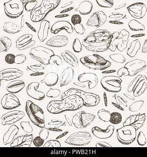 Nut seamless vintage sketch pattern. Hand drawn nuts sketches on white background. Stock Vector