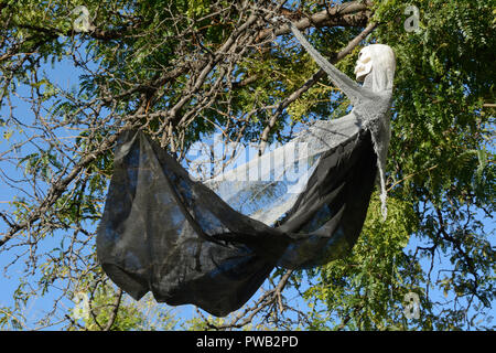 Ghostly Halloween ghoul with skeleton skull decoration hanging from tree Stock Photo