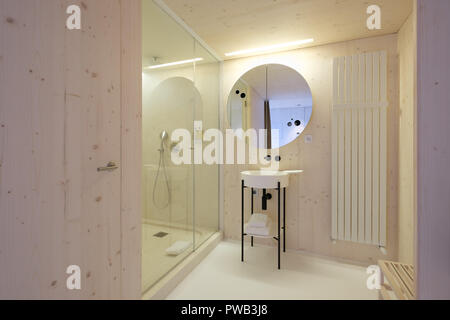 Minimalist bathroom with modern contemporary design and a large radiator mounted on the wall Stock Photo