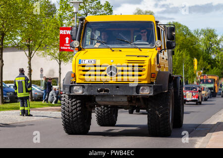 ALTENTREPTOW / GERMANY - MAY 1, 2018: Mercedes Benz Unimog drives on street at an oldtimer show Stock Photo