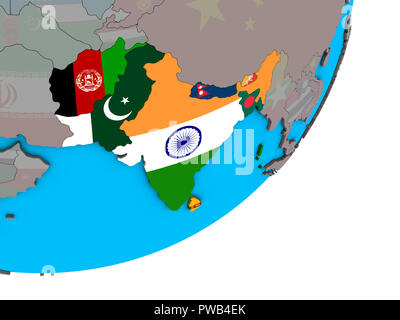 SAARC memeber states with national flags on blue political 3D globe. 3D illustration. Stock Photo