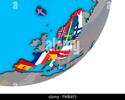 Schengen Area members with national flags on blue political 3D globe. 3D illustration. Stock Photo