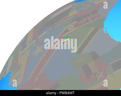 Rwanda with embedded national flag on simple blue political 3D globe ...