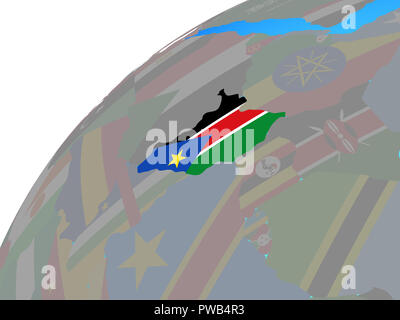 South Sudan with embedded national flag on globe. 3D illustration. Stock Photo