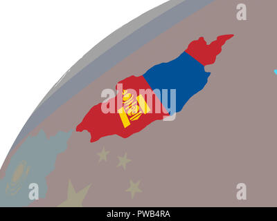 Mongolia with embedded national flag on blue political globe. 3D ...