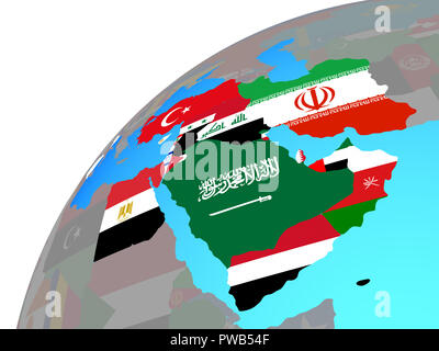 Middle East with embedded national flags on globe. 3D illustration. Stock Photo