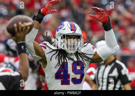 Houston, TX, USA. 14th Oct, 2018. Buffalo Bills linebacker Tremaine Edmunds (49) celebrates after the Bills recover a fumble during the third quarter against the Houston Texans at NRG Stadium in Houston, TX. John Glaser/CSM/Alamy Live News Stock Photo