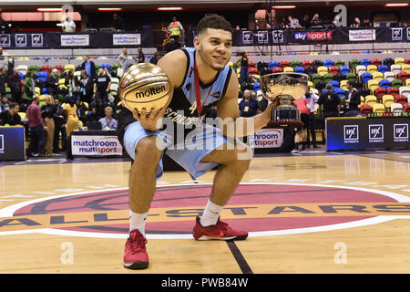 London, UK. 14th Oct, 2018. Jordan Williams of Surrey Scorchers show match trophies  during British Basketball - ALL STARS BASKETBALL 2018 at Copper Box Arena on Sunday, 14 October 2018. LONDON ENGLAND.  (Editorial use only, license required for commercial use. No use in betting, games or a single club/league/player publications.) Credit: Taka Wu/Alamy Live News Stock Photo