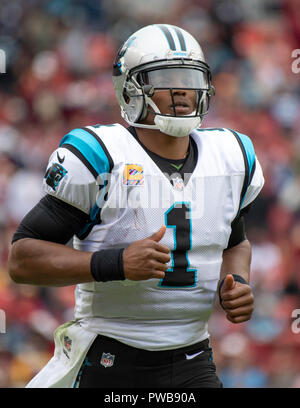 Carolina Panthers quarterback Cam Newton (1) runs onto the field following a time-out in the second quarter against the Washington Redskins at FedEx Field in Landover, Maryland on October, 2018. The Redskins won the game 23 - 17. Credit: Ron Sachs/CNP | usage worldwide Credit: dpa picture alliance/Alamy Live News Stock Photo