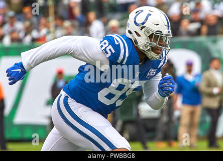 October 14, 2018 - East Rutherford, New Jersey, U.S. - Indianapolis Colts  linebacker Darius Leonard (53) strips the ball from New York Jets wide  receiver Quincy Enunwa (81) during a NFL game