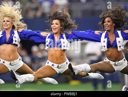 Arlington, Texas, USA. 14th Oct, 2018. The Dallas Cowboys cheerleaders perform during the first half of the NFL football game between the Jacksonville Jaguars and the Dallas Cowboys at AT&T Stadium in Arlington, Texas. Shane Roper/Cal Sport Media/Alamy Live News Stock Photo