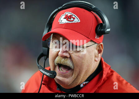 Gillette Stadium. 14th Oct, 2018. MA, USA; Kansas City Chiefs head coach Andy Reid during the NFL game between the Kansas City Chiefs and New England Patriots at Gillette Stadium. New England won 43-40. Anthony Nesmith/CSM/Alamy Live News Stock Photo