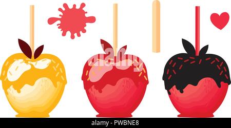 Set Red and orange Apple with chocolate Sweet candy on sticks. Autumn dessert. Vector illustration on white background. Stock Vector