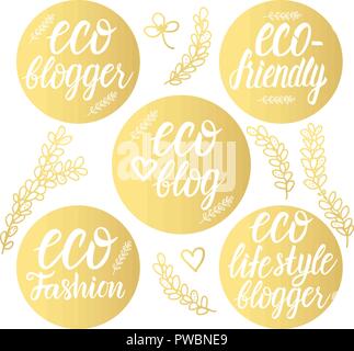 Vector Set gold Eco fashion, blogger, eco friendly, eco life style blog inscription lettering on a circle shape sign Stock Vector