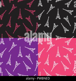 Set Seamless pattern. Modern design print fabric. Illustration white ink Eiffel Tower. Abstract ornament hand drawing. Vector illustration is isolated v Stock Vector