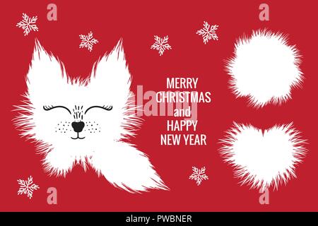 Merry Christmas card with white cute fox adn fur heart round. Vector illustration isolated on red background. Stock Vector