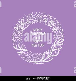 Card Merry Christmas and Happy New Year. Round frame hand drawn yellow color ornaments. Vector illustration isolated on lilac background. Stock Vector