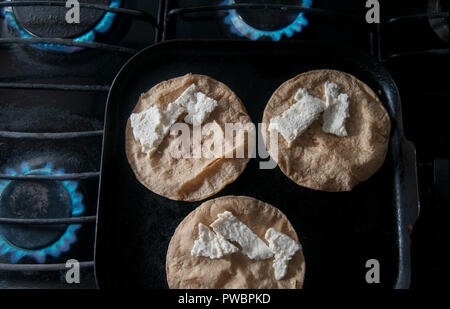 Tortillas and cheese (on top of a comal) to make quesadillas, snack and companion for mexican food. Stock Photo