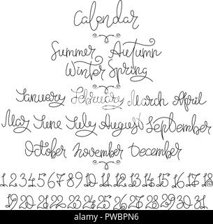 Calendar collection of months and numbers for all year, week, seasons. Ink modern brush calligraphy. Isolated vector on white background. Stock Vector