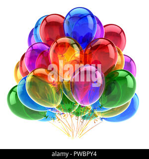 colorful birthday party balloons bunch carnival decoration multicolored. Happy New Year Merry Christmas Xmas greeting card design element. 3d render Stock Photo