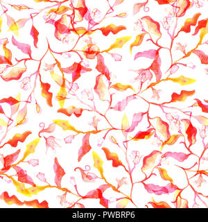Seamless pattern with abstract red and yellow branches and leaves and watercolour splashes Stock Photo