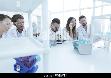 background image is a group of scientists working in the laboratory. Stock Photo