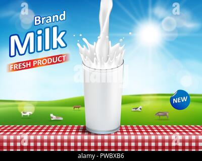 Milk glass with splash isolated on bokeh background with cows. Milk products package design. dairy Vector illustration ads Stock Vector