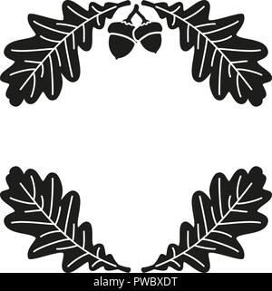 Black and white oak branch background silhouette. Leaves and ripe acorns. Autumn harvest themed vector illustration for stamp, label, sticker, badge,  Stock Vector