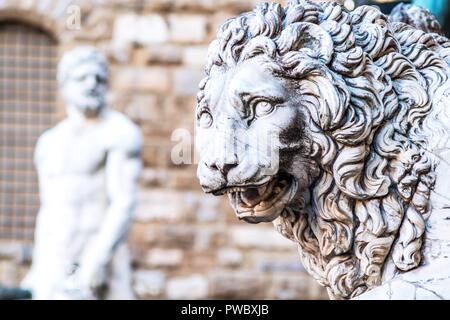 Lion Statue of Loggia dei Lanzi in Piazza della Signoria in Florence. Stock Photo