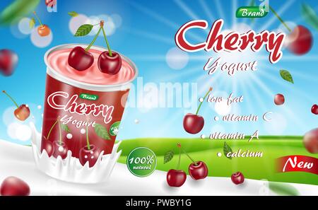 Cherry yogurt with splash isolated on bokeh background. Cream yogurt products package ad. 3d realistic ripe cherry Vector illustration Stock Vector