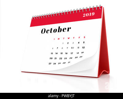 2019 October page of a desktop calendar on white background. 3D Rendering. Stock Photo