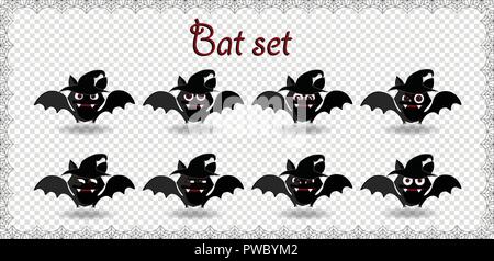 Vector Halloween set of cute cartoon bats with different emotions. Design collection for Halloween party decoration. trick or treat concept. Clip art  Stock Vector
