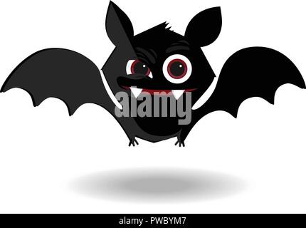 Vector cartoon illustration of cute friendly black bat character, flying with wings spread, in cartoon style isolated on white background. Halloween c Stock Vector
