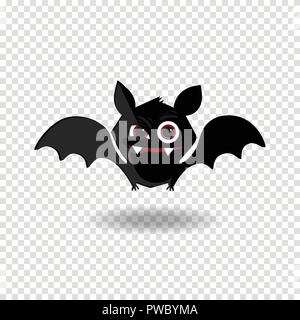 Vector cartoon illustration of cute friendly black bat character, flying with wings spread, in cartoon style on transparent background. Halloween clip Stock Vector
