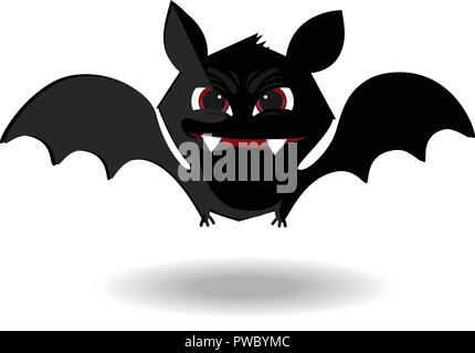 Cute flying cartoon bat with fangs and red eyes isolated on white background. Halloween clip art for greeting card or invitation design. Stock Vector