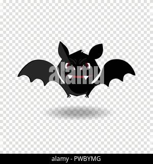 Cute flying cartoon bat with fangs and red eyes isolated on transparent background. Halloween clip art for greeting card or invitation design. Stock Vector
