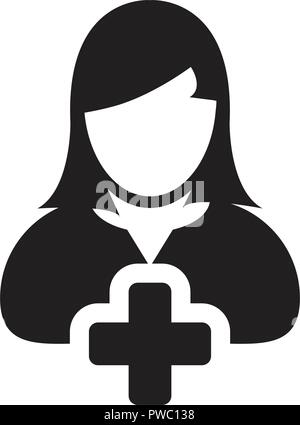 Add user icon vector female person profile avatar with plus symbol in flat color glyph pictogram illustration Stock Vector