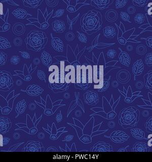 Flowers Line Silhuette-Flowers in Bloom Seamless Repeat Pattern. Pattern Background. Stock Vector