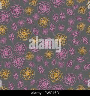 Roses and Leaves Silhuette-Flowers in Bloom Seamless Repeat Pattern. Pattern Background. Stock Vector
