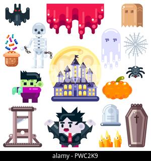 Halloween set isolated on white background. Funny clip art. Flat vector illustration. Stock Vector