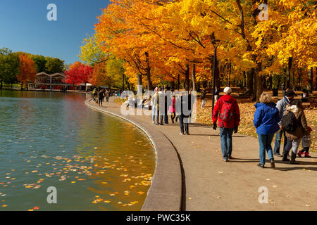 Montreal, Canada - 14 October 2018: Beaver lake at the top of Mont-Royal, as foliage bursts with autumn colors. Stock Photo