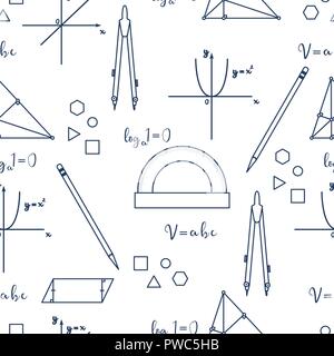 Mathematical scientific vector seamless pattern with geometry plots, tools and formulas. Education elements. Compasses, protractor, pencil, graphics,  Stock Vector