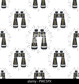 Camp binocular seamless background. Camping equipment pattern design. Featuring binocular with custom quote - Explore inside and sunbursts. Stock vector wallpaper isolated on white Stock Vector
