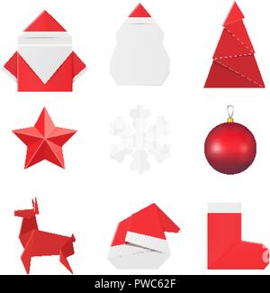 Christmas origami ornaments and decorations: paper Santa Claus and snowman, fir, star, snowflake, glass ball toy, deer red hat and sock Stock Vector