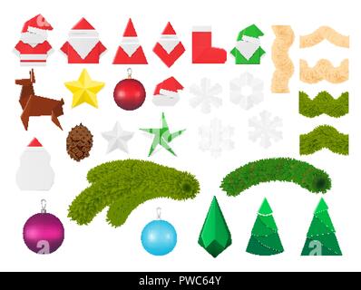 Christmas decorations and ornaments set. Festive elements including paper origami toys of Santa Claus and snowman, snowflake and elf, sock and star, d Stock Vector