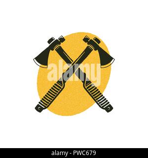 Crossed axes icon with yellow shape behind. Lumberjack symbol isolated on white background. Silhouette design. Stock Vector illustration isolated on white Stock Vector