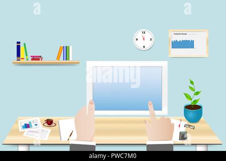 Hands are holding tablet in office. Empty tablet screen is ready for your text. All potential trademarks are removed. Stock Vector